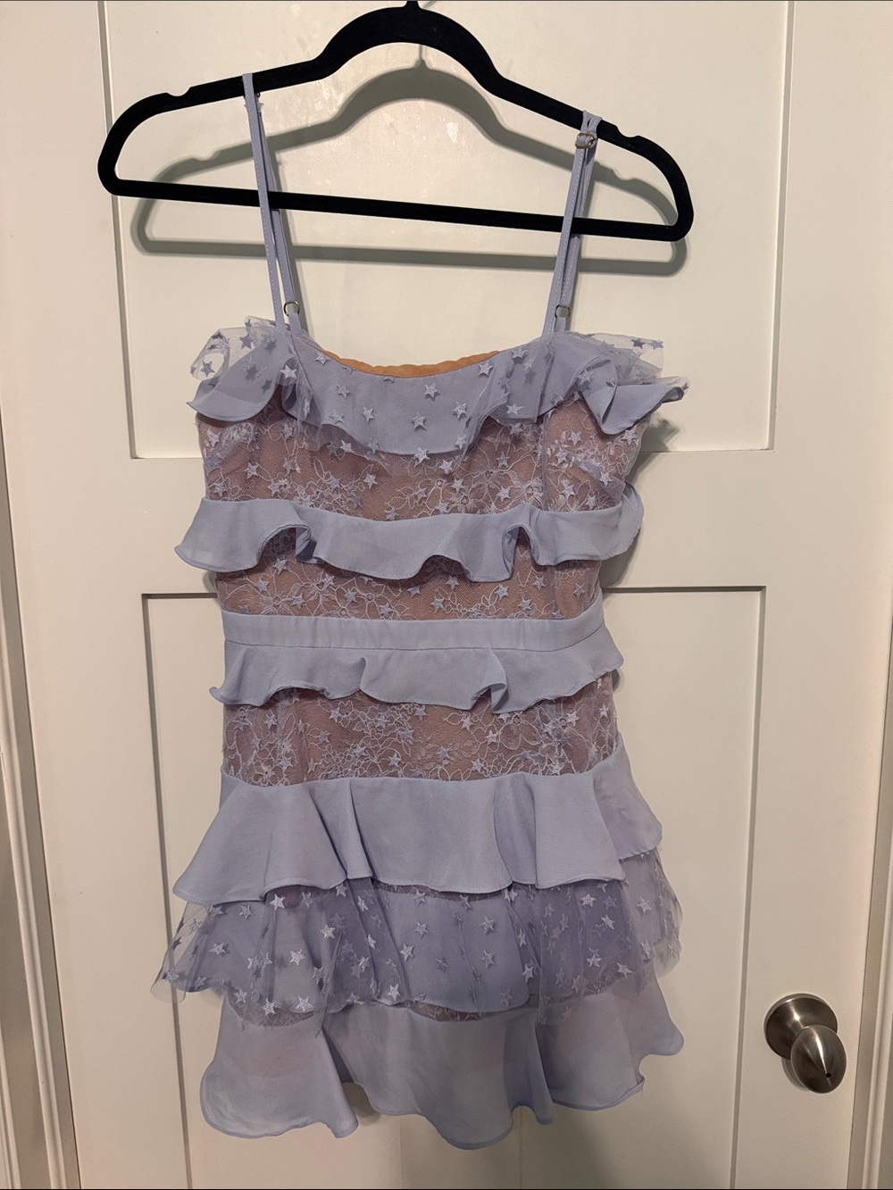 For Love And Lemons Lavender Star-Embroidered Lace Ruffle Mini Dress